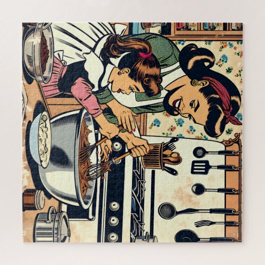 Schattigee retro moeder en dochter samen bakken legpuzzel (Horizontaal)