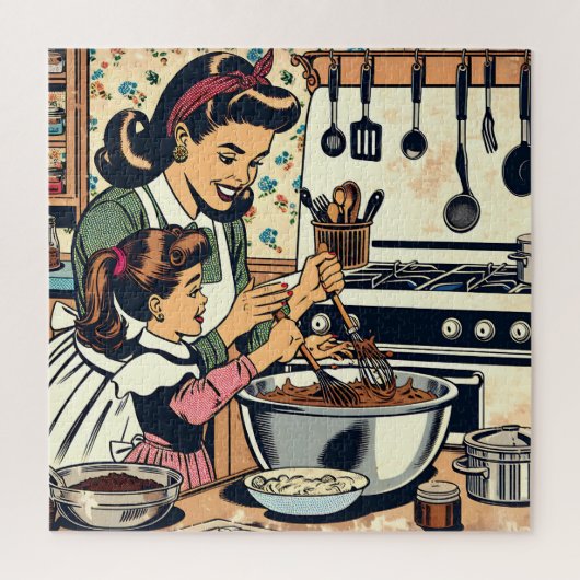 Schattigee retro moeder en dochter samen bakken legpuzzel (Verticaal)