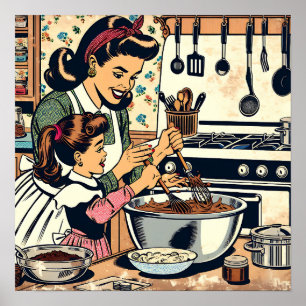 Schattigee retro moeder en dochter samen bakken poster