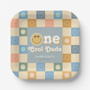Schattigee Retro One Cool Dude Boys 1e Verjaardag Papieren Bordje