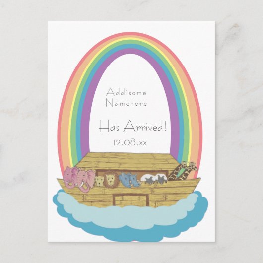 Schattigee Retro Rainbow Noah Ark Baby Geboorteaan Briefkaart (Voorkant)