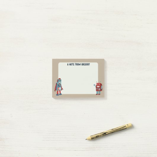 Schattigee retro-robots gepersonaliseerde sci-fi post-it® notes (Op bureau)