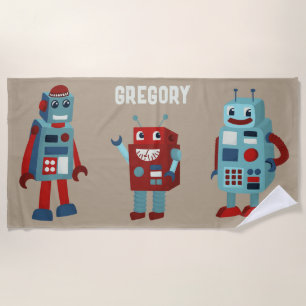 Schattigee retro-robots gepersonaliseerde sci-fi strandlaken
