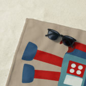 Schattigee retro-robots gepersonaliseerde sci-fi strandlaken (In situ)