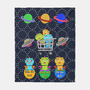 Schattigee retro robots, planeten, vliegende schot fleece deken