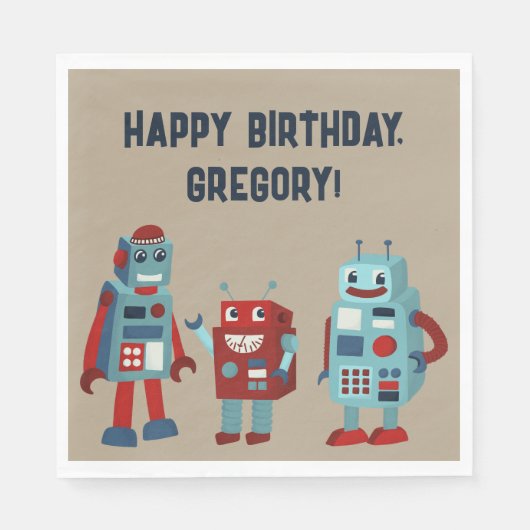 Schattigee Retro Robots Sci-Fi Boys Verjaardag Servet (Voorkant)