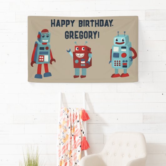 Schattigee Retro Robots Sci-Fi Boys Verjaardag Spandoek (Insitu)