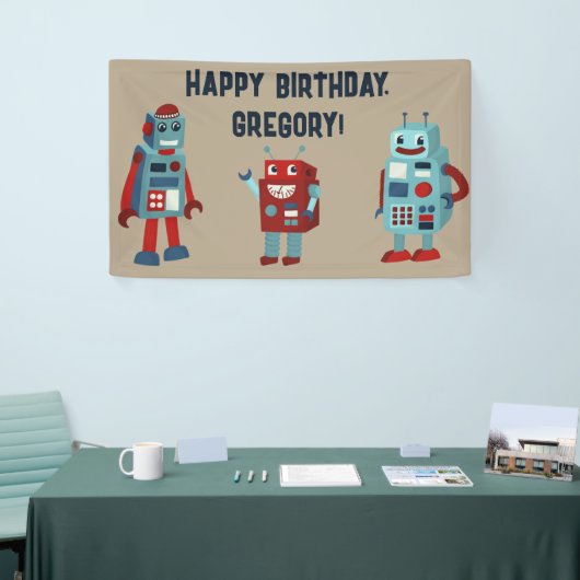 Schattigee Retro Robots Sci-Fi Boys Verjaardag Spandoek (Beurs)