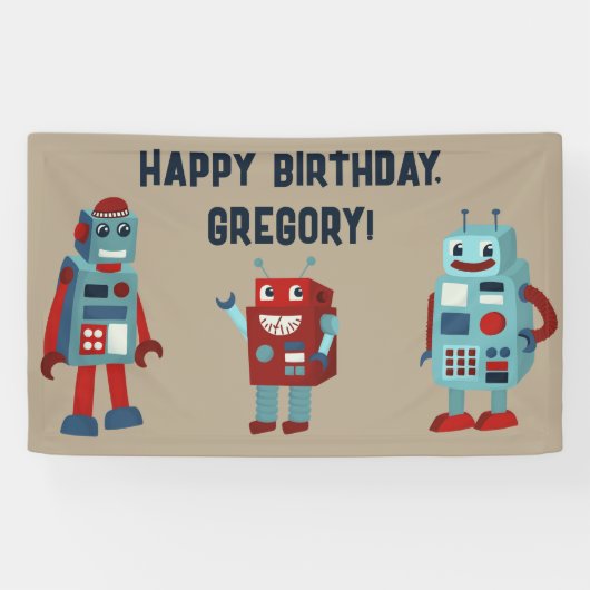 Schattigee Retro Robots Sci-Fi Boys Verjaardag Spandoek (Horizontaal)