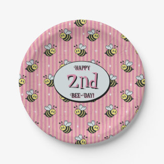 Schattigee Retro Roze Gestreepte Hommel Verjaardag Papieren Bordje
