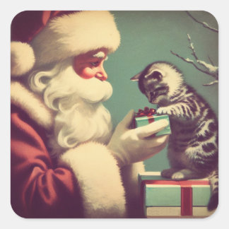 Schattigee Retro Santa met Kitten Illustratie Vierkante Sticker