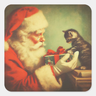 Schattigee Retro Santa met Kitten Illustratie Vierkante Sticker