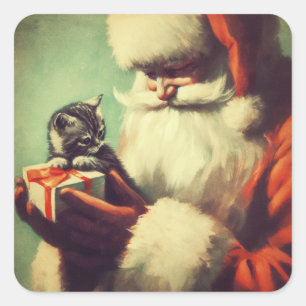 Schattigee Retro Santa met Kitten Illustratie Vierkante Sticker