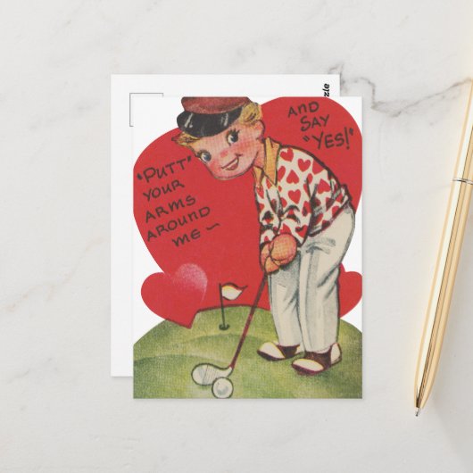 Schattigee retro  Valentijn golfer Briefkaart (Voorkant / Achterkant in situ)