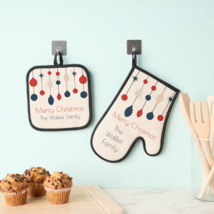 Schattigee Retro Vrolijk Kerstfeest Rood Blauw Orn Ovenwant & Pannenlap Set
