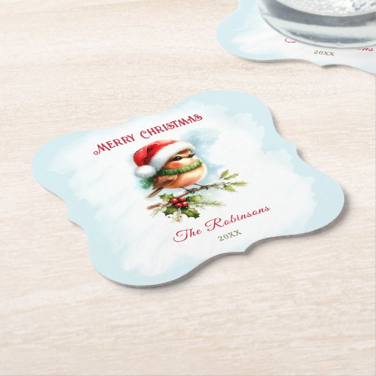 Schattigee Robin in Santa Hat Classic Christmas Kartonnen Onderzetters (Gekanteld)