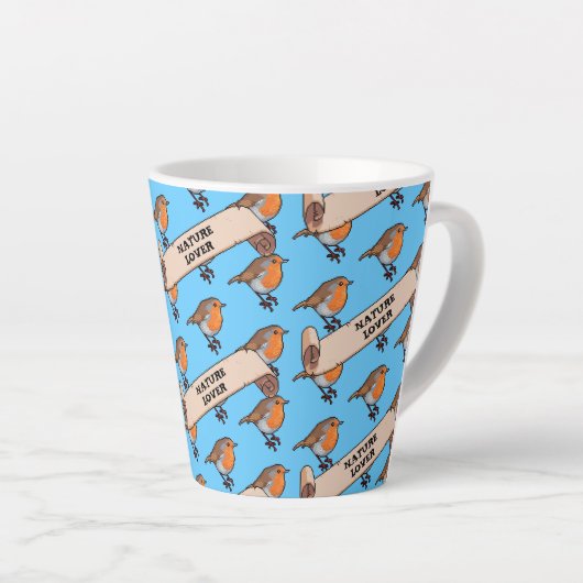 Schattigee Robin Natuur Lover Retro Pixel Art Patt Latte Mok (Rechterhoek)