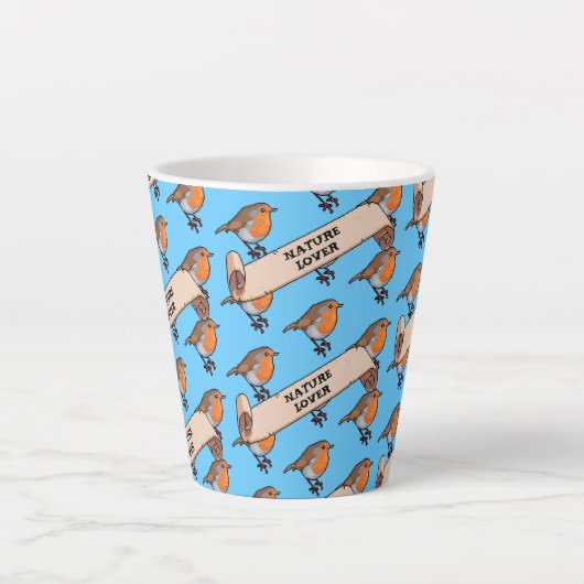 Schattigee Robin Natuur Lover Retro Pixel Art Patt Latte Mok (Voorkant)