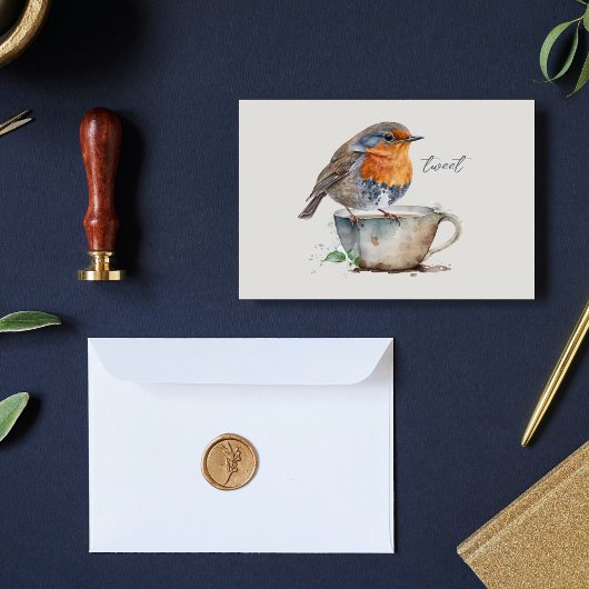 Schattigee Robin Sinaasappel Bird Teacup Waterverf Notitiekaartje