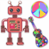 Schattigee Robot met Vredesbord en Gitaarplezier Sticker (Voorkant)