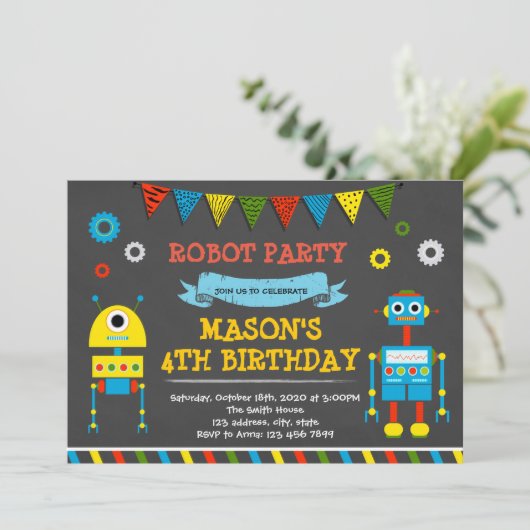 Schattigee Robot verjaardagsfeestje uitnodiging (Staand voorkant)