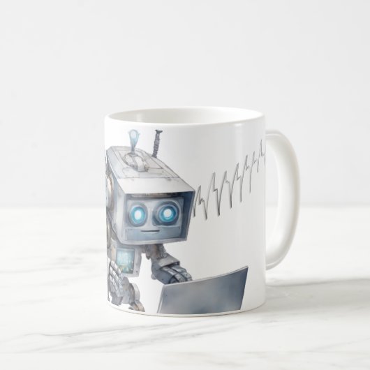 Schattigee robotcodering met een laptop koffiemok (Voorkant rechts)