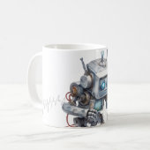 Schattigee robotcodering met een laptop koffiemok (Voorkant links)