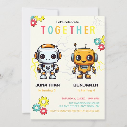 Schattigee Robots Jongens Samen Verjaardag Kaart (Voorkant)