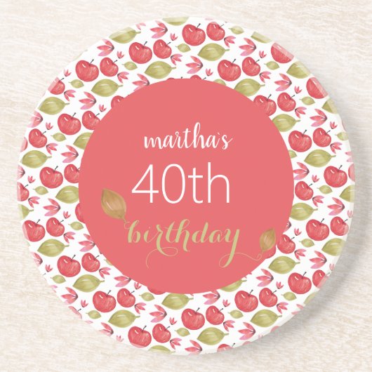 Schattigee Rode Appel Patroon Waterverf Handgeschi Zandsteen Onderzetter (Voorkant)