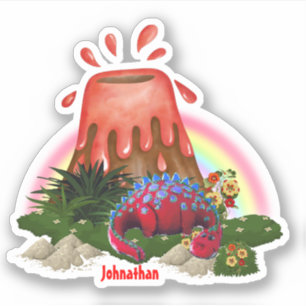 Schattigee rode dinosaurusvulkaan regenboogbloem sticker