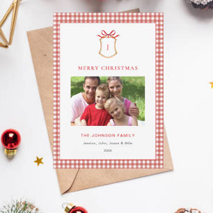 Schattigee Rode Gingham Plaid Monogrammed Kerst Feestdagenkaart