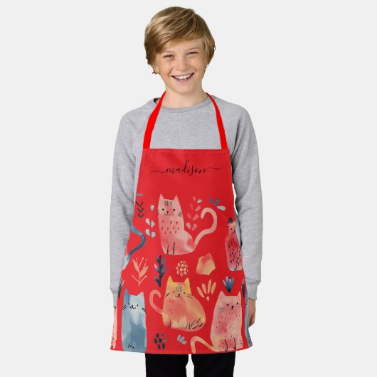 Schattigee rode kat patroon script naam schort (Gedragen)