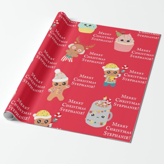 Schattigee Rode Kawaii Christmas Food Kinder Naam  Cadeaupapier (Uitgerold)