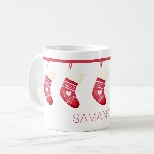 Schattigee Rode Kerstmis Kous Naam Mok (Voorkant links)