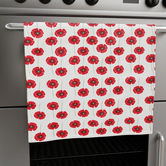 Schattigee rode klaprozen op witte bloemenkeukenha theedoek