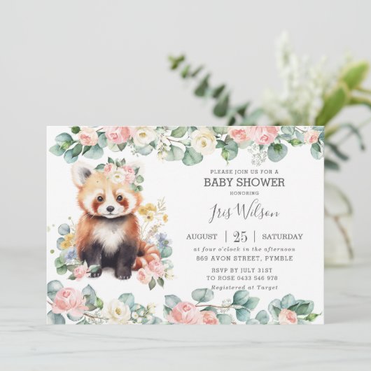 Schattigee Rode Panda Roze Bloemen Greenery Baby s Kaart (Staand voorkant)