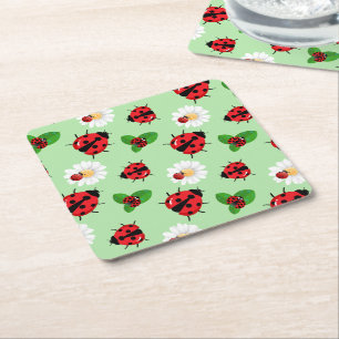Schattigee rode polka dot Ladybug Daisy bloemenzom Vierkante Kartonnen Onderzetter