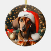 Schattigee Rode Tachshund Puppy met Santa Hat Keramisch Ornament (Voorkant)