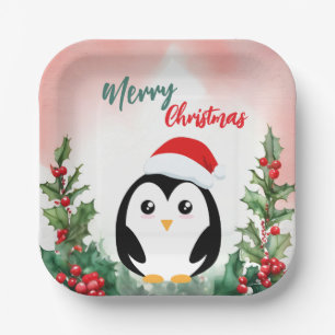 Schattigee Rode Vrolijke Kerstpinguïn Kerstfeest K Papieren Bordje