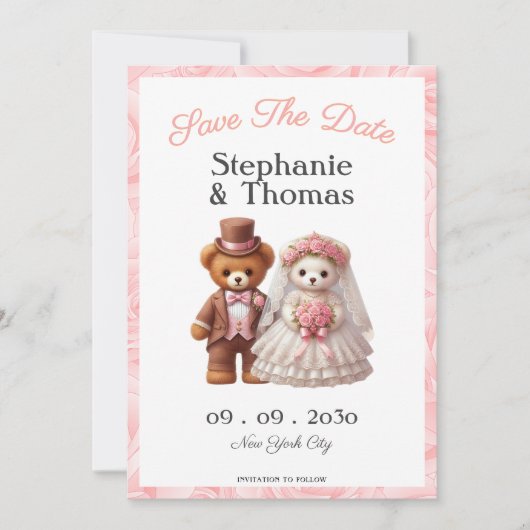 Schattigee romantische teddybeer bruidegom en brui save the date (Voorkant)