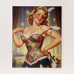 Schattigee roodharige pin-up meisje met hond legpuzzel