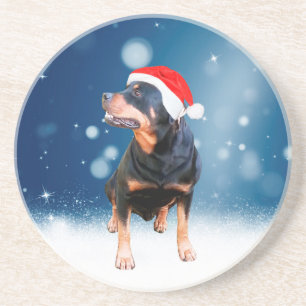Schattigee Rottweiler Dog Christmas Santa Hat Snee Zandsteen Onderzetter