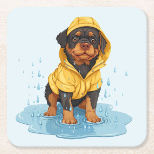 Schattigee Rottweiler Dog Dragen Regenjas Vierkante Kartonnen Onderzetter