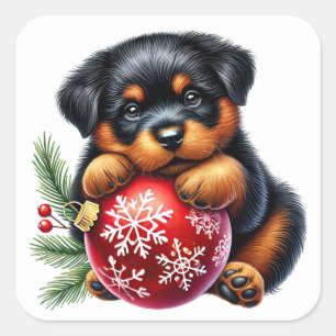 Schattigee Rottweiler puppy geniet van kerstvierin Vierkante Sticker