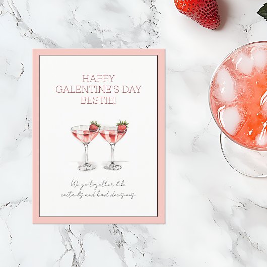 Schattigee Roze Aardbei Martini Galentine's Day Feestdagenkaart