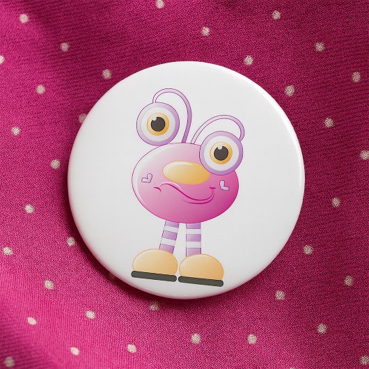 Schattigee roze alien met grote ogen ronde button 7,6 cm