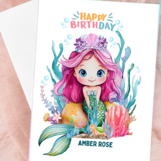 Schattigee Roze & Blauwe Zeemeermin Verjaardag Kaa Kaart