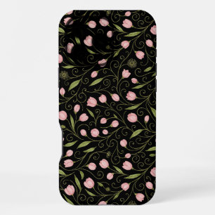 Schattigee, roze bloem op zwart met herhalend patr iPhone 16 pro max hoesje