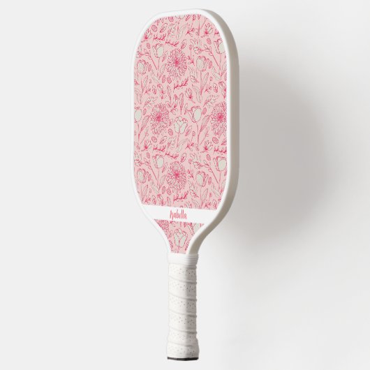 Schattigee Roze Bloemen Aangepaste Naam Pickleball Paddle (Links)