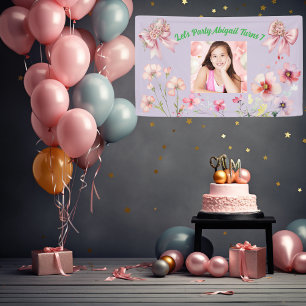 Schattigee Roze Bloemen Bow Girly Foto Verjaardag  Spandoek